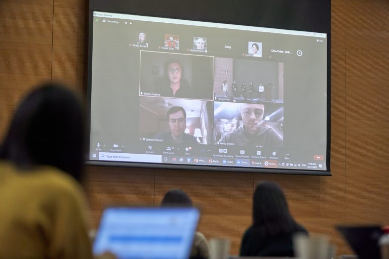 Alberto Najarro '22 (top left on the screen), Spencer Reeves '22 (bottom left), and Henry Stevens '22 (bottom right) joined the Student Panel remotely at 2021 Teaching and Learning Showcase