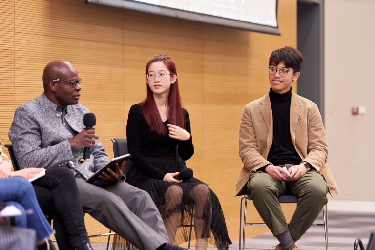 Zezhen Wang '24 (first from the right), Christine Sui '23 (in the middle), and Prof. Floyd Beckford in a panel about education transformation at 2021 Teaching and Learning Showcase