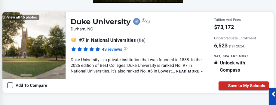 全美大学最新排名发布,杜克大学位列第七 1 Duke Ranks 7 1